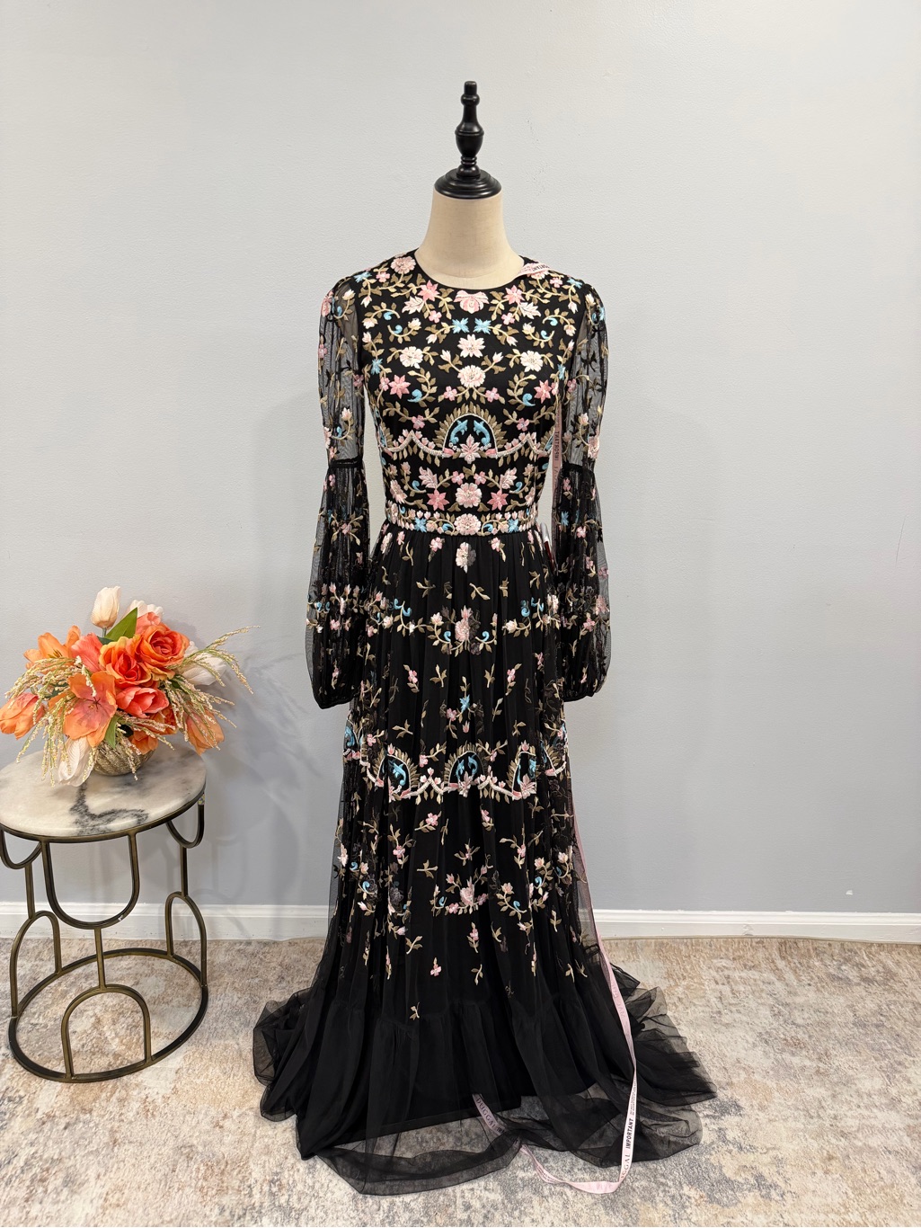 Mac Duggal Black Multi Floral Embroidered High Neck Illusion Sleeve Tiered Gown